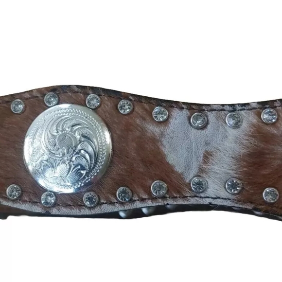 Nocona Hair On Hide Leather Belt  Conchos Rhinestone Bling Brown Woman M Western
